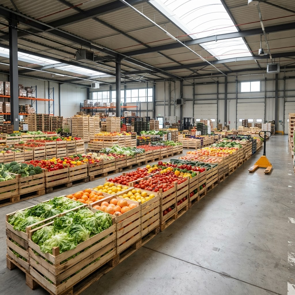 Neat rows of wooden crates filled with fresh produce inside a wholesale warehouse