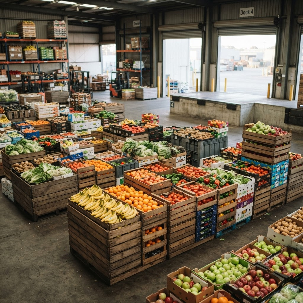 Crates of fresh fruit and vegetables stacked in a bright wholesale warehouse