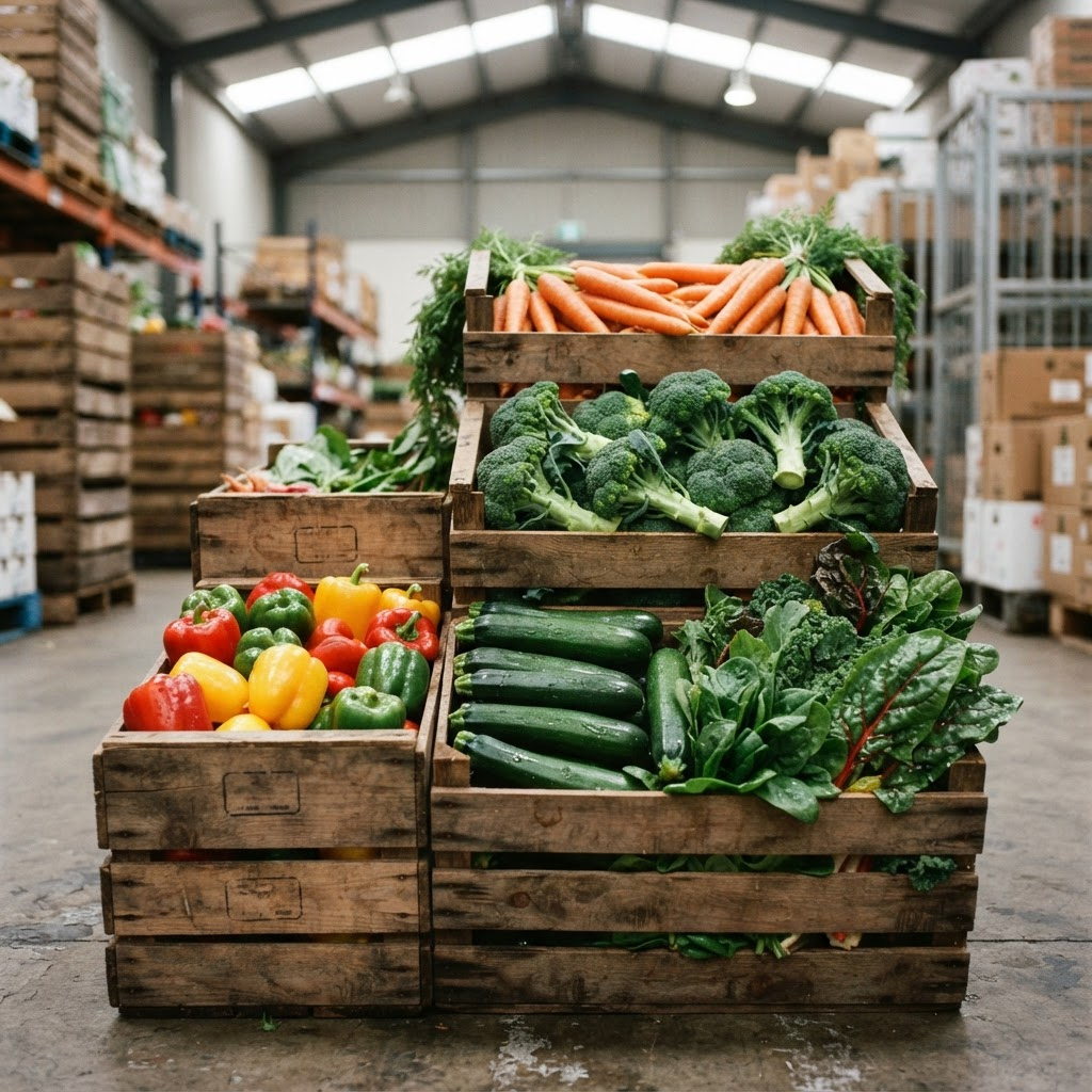 Assorted fresh vegetables including carrots, broccoli, and capsicums arranged in wooden crates